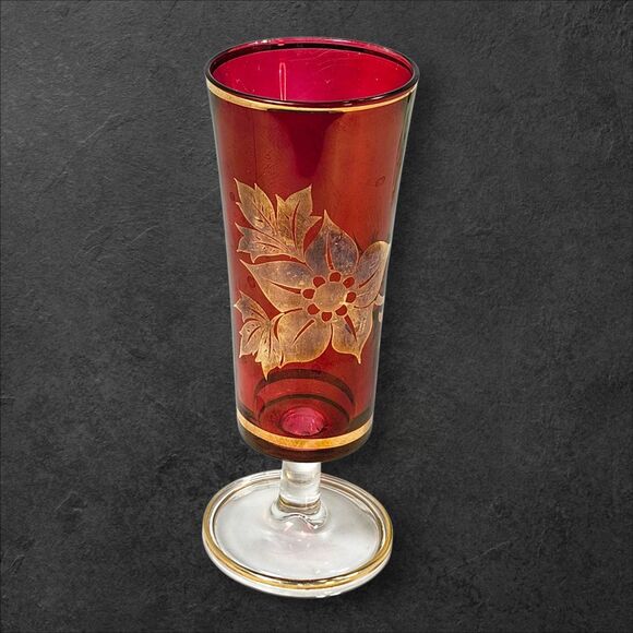 Set of 4 Vintage Footed Collins Glasses Mid-Century Libbey Style Gold Floral Red - Picture 8 of 11